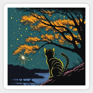 Tabby Cat Watching Fireworks over a Lake Sticker